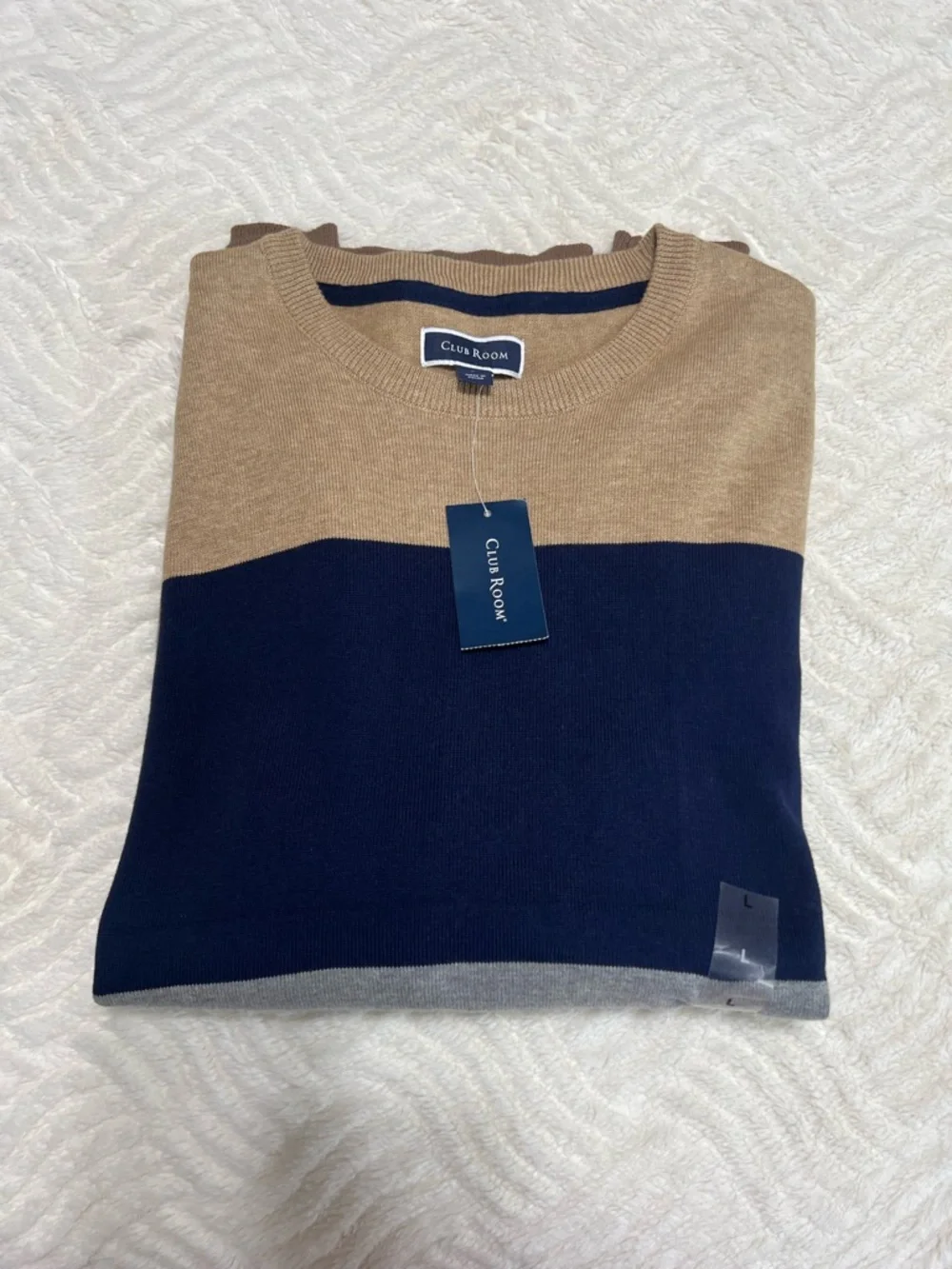 Club Room Colorblock Cotton Sweater Mens Large Beige Blue Gray Crew Neck NWT